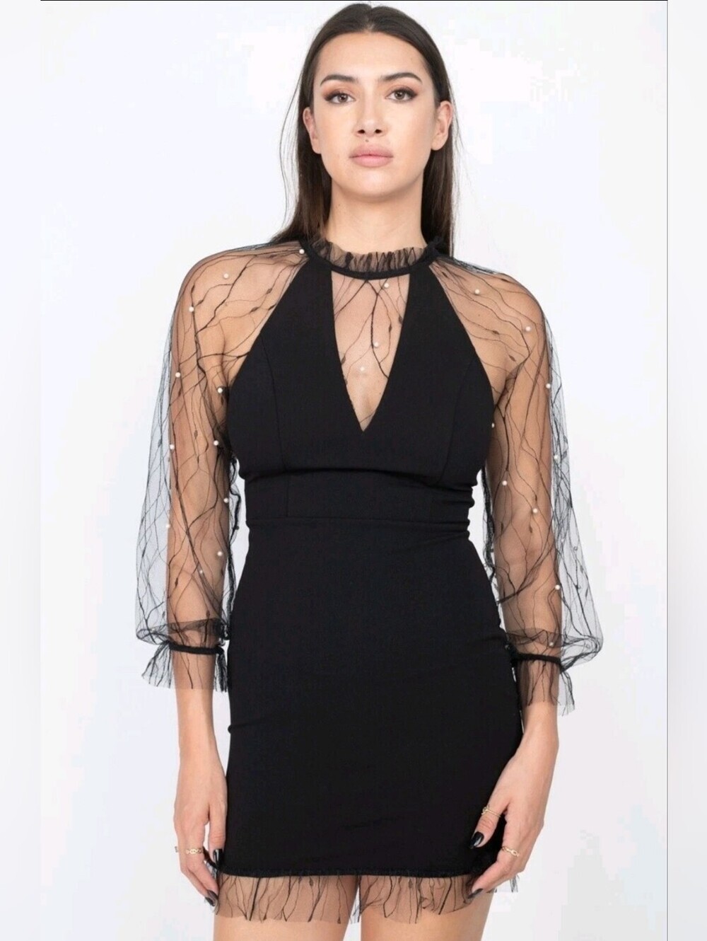 Mesh Pearl Sleeve Cocktail Dress Lg